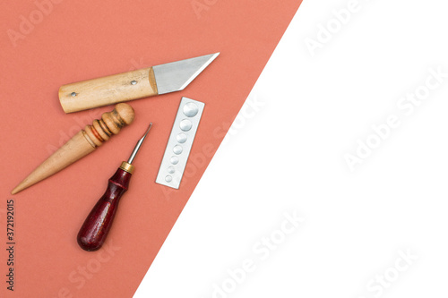 Handmade leather craft tools set with copy space 