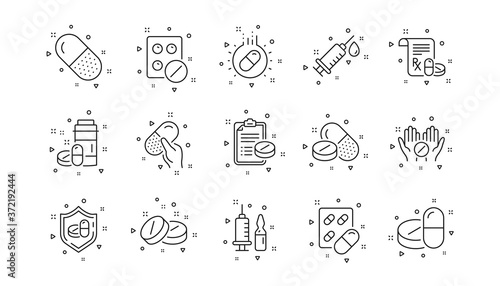 Healthcare, Prescription and Pill signs. Medical drugs line icons. Pharmacy drugs, recipe pill icons. Antibiotic capsule, syringe vaccination. Linear set. Geometric elements. Quality signs set. Vector