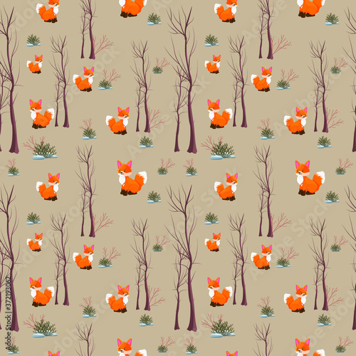 Seamless Pattern - Cartoon Fox in den Woods