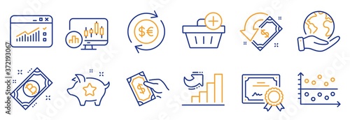Set of Finance icons, such as Cashback, Money currency. Certificate, save planet. Web traffic, Candlestick chart, Pay money. Loyalty points, Growth chart, Dot plot. Vector