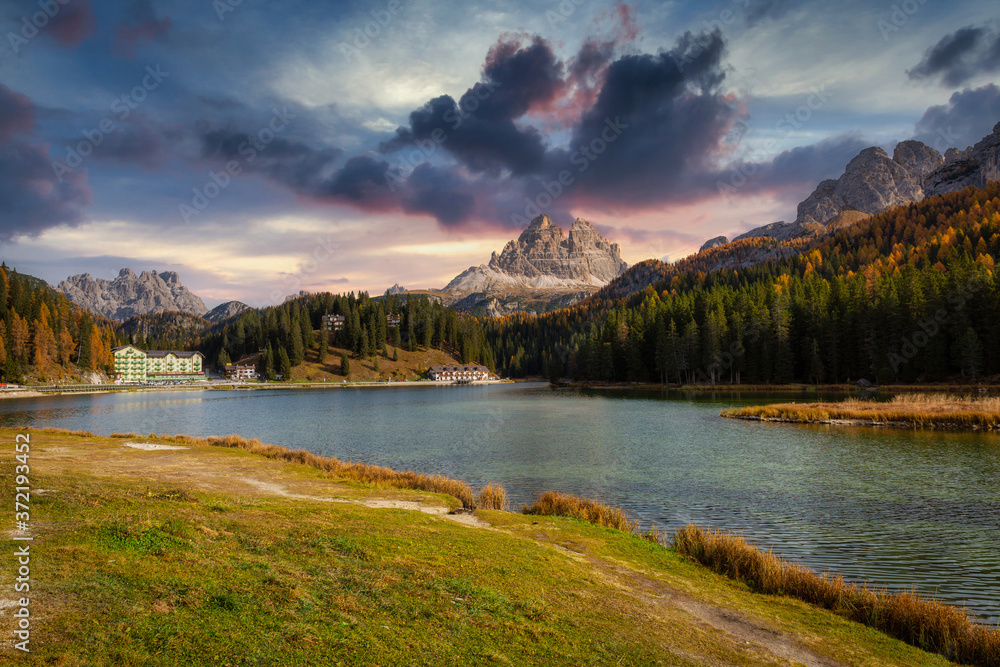 The Tre Cime Di Lavaredo Mountains At Lago Di Misurina Lake Dolomites the-tre-cime-di-lavaredo-mountains-at-lago-di-misurina-lake-dolomites