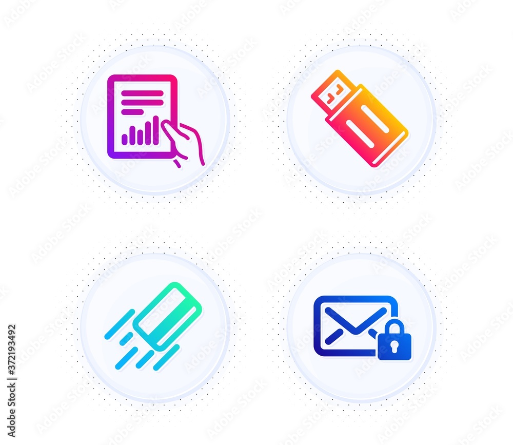Document, Credit card and Usb flash icons simple set. Button with halftone dots. Secure mail sign. File with diagram, Bank payment, Memory stick. Private e-mail. Education set. Vector Document, Credit card and Usb flash icons simple set. Button with halftone dots. Secure mail sign. File with diagram, Bank payment, Memory stick. Private e-mail. Education set. Vector