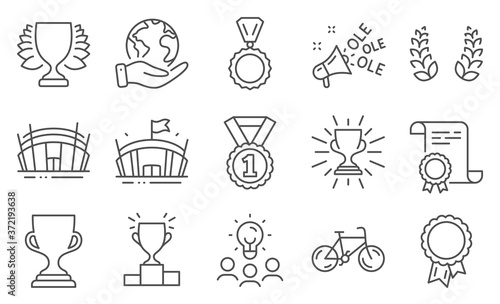 Set of Sports icons, such as Arena stadium, Award cup. Diploma, ideas, save planet. Arena, Best rank, Bicycle. Winner podium, Winner, Ole chant. Medal, Laurel wreath, Success. Vector