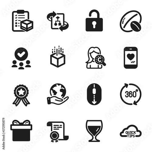 Set of Business icons, such as Wine glass, Technical algorithm. Certificate, approved group, save planet. Quick tips, 360 degrees, Augmented reality. Soy nut, Parcel checklist, Lock. Vector