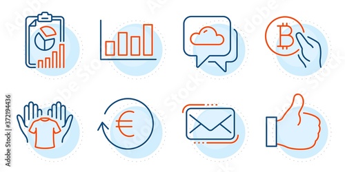 Report diagram, Messenger mail and Report signs. Weather forecast, Exchange currency and Bitcoin pay line icons set. Like, Hold t-shirt symbols. Cloudy, Reshresh exchange rate. Business set. Vector