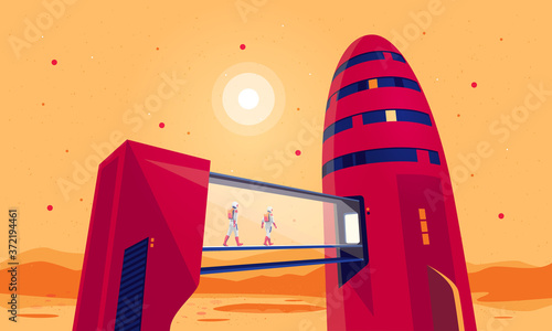 Astronauts passengers crew entering boarding space starship rocket vehicle on launchpad shuttle departure flight from mars. Future red planet colonisation exploration mission. Starman building colony