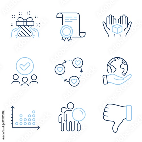 Dot plot, Search people and Gift line icons set. Diploma certificate, save planet, group of people. Dislike hand, Hold box and Friends community signs. Vector