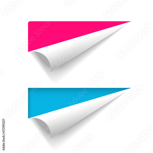 Corner peel paper vector banner, curled fold page sheet, folded sticker twisted up empty blank for copy space text for advertising and promotional message isolated blue red color