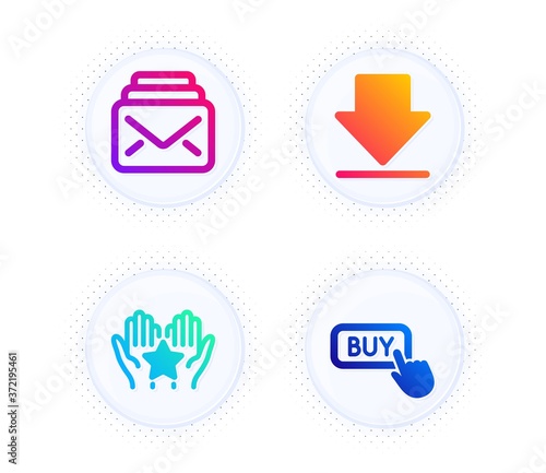 Ranking, Downloading and Mail icons simple set. Button with halftone dots. Buy button sign. Hold star, Load information, New messages. Online shopping. Technology set. Vector