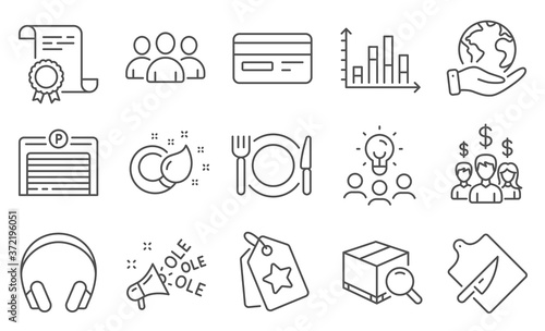 Set of Business icons, such as Salary employees, Group. Diploma, ideas, save planet. Parking garage, Restaurant food, Search package. Ole chant, Cutting board, Paint brush. Vector