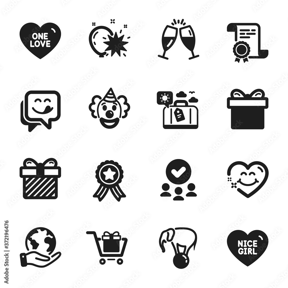 Set of Holidays icons, such as Elephant on ball, One love. Certificate, approved group, save planet. Balloon dart, Yummy smile, Shopping cart. Nice girl, Gift box, Champagne glasses. Vector Set of Holidays icons, such as Elephant on ball, One love. Certificate, approved group, save planet. Balloon dart, Yummy smile, Shopping cart. Nice girl, Gift box, Champagne glasses. Vector