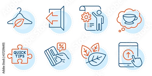 Sign out, Organic tested and Swipe up signs. Coffee cup, Slow fashion and Quick tips line icons set. Credit card, Settings blueprint symbols. Think bubble, Eco tested. Business set. Vector