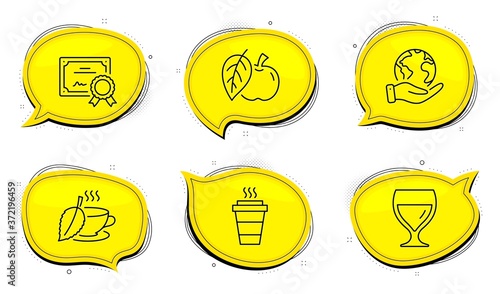 Wine glass sign. Diploma certificate, save planet chat bubbles. Takeaway, Apple and Mint tea line icons set. Takeout coffee, Fruit, Mentha beverage. Cabernet wineglass. Food and drink set. Vector