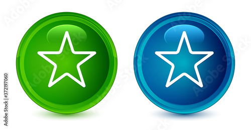 Star icon artistic shiny glossy blue and green round button set