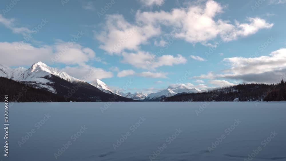 Timelapse of clouds moving over a frozen Maligne Lake in Jasper National Park, Alberta, Canada. Timelapse of clouds moving over a frozen Maligne Lake in Jasper National Park, Alberta, Canada.