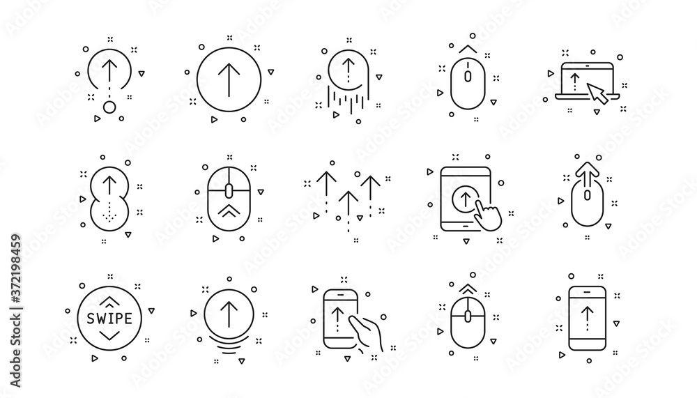 Scrolling mouse, landing page swipe signs. Swipe up line icons. Scroll up mobile device technology icons. Website scroll navigation. Linear set. Geometric elements. Quality signs set. Vector Scrolling mouse, landing page swipe signs. Swipe up line icons. Scroll up mobile device technology icons. Website scroll navigation. Linear set. Geometric elements. Quality signs set. Vector