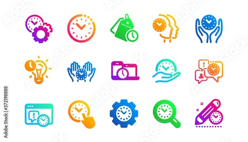 Clock, timer plan and project deadline signs. Time management icons. Countdown clock and appointment reminder icons. Classic set. Gradient patterns. Quality signs set. Vector