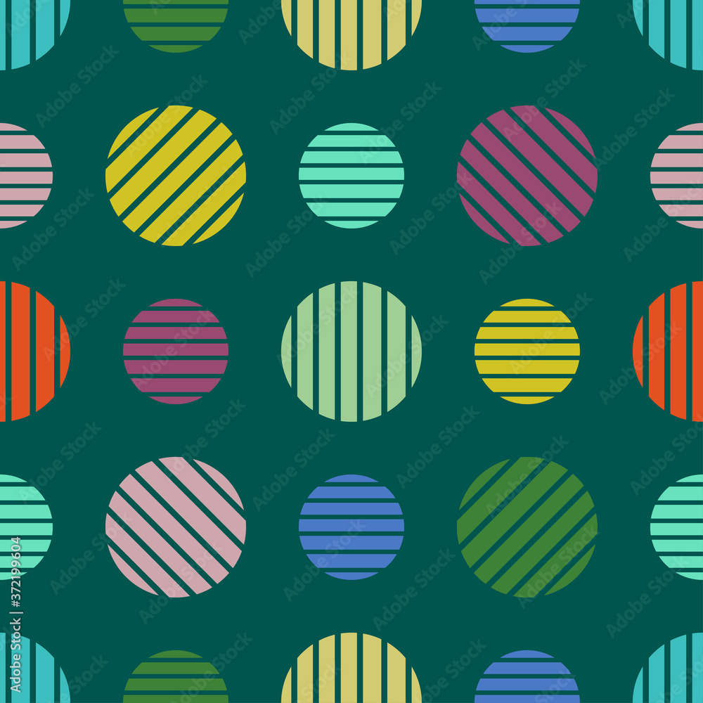 Striped round shapes of red, blue, yellow, orange, purple colors on turquoise background. Seamless geometry abstract pattern. Suitable for wrapping, textile, wallpaper.