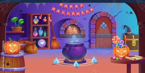 Happy Halloween. Interior of halloween room with door, cauldron, pumpkins, candy, vedim hat, magic ball, potions, broom, flycatcher, spiders and candles. Background for games and mobile applications.