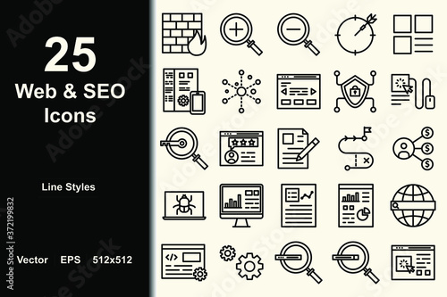 Web & seo icons set with line styles for web/app design, marketing. Consists of icons such as domain, analytics, zoom, browser, affiliate, web/app design. 512x512 pixel. photo