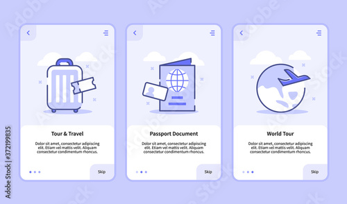 Traveling onboarding screen modern user interface UX UI template for mobile apps smartphone tour and travel passport document world tour with flat style