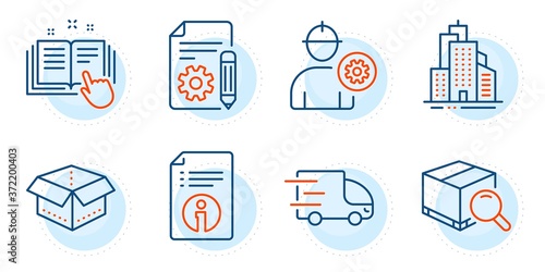 Engineer, Technical info and Open box signs. Search package, Skyscraper buildings and Technical documentation line icons set. Documentation, Truck delivery symbols. Outline icons set. Vector