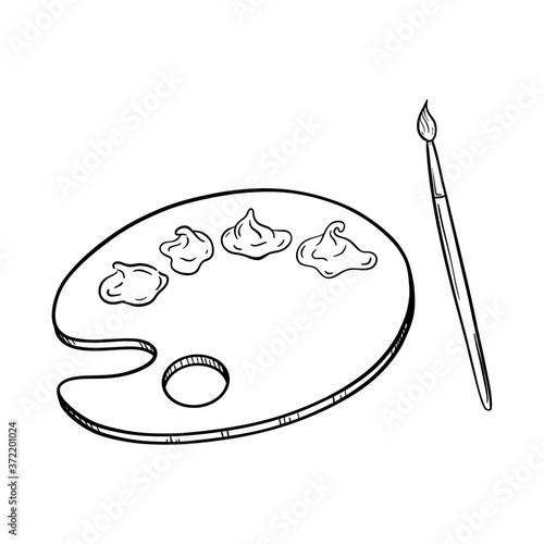 Sketch of a round wooden palette with liquid acrylic paints and an artistic brush. Symbol of art and creativity. Engraving style. Hand drawn and isolated on white. Black and white vector illustration.