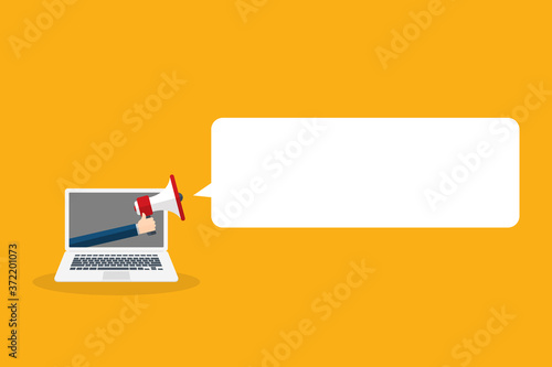 Hand holding megaphone. Laptop notebook computer screen and speech bubble background. Vector illustration