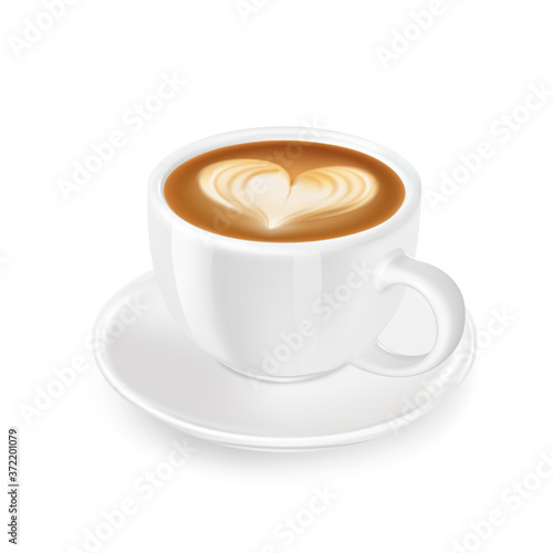 Cappuccino with froth  decorated with heart of milk  in white cup and saucer.