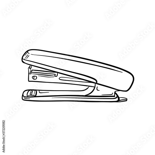 A sketch of the stapler. Stationery, office supplies for paper binding. Engraving style. Digital drawing. Side view. Hand drawn and isolated on white. Black and white vector illustration