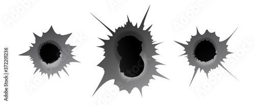 Bullet hole on white background. Realisic metal single and double bullet hole, damage effect. Vector illustration.