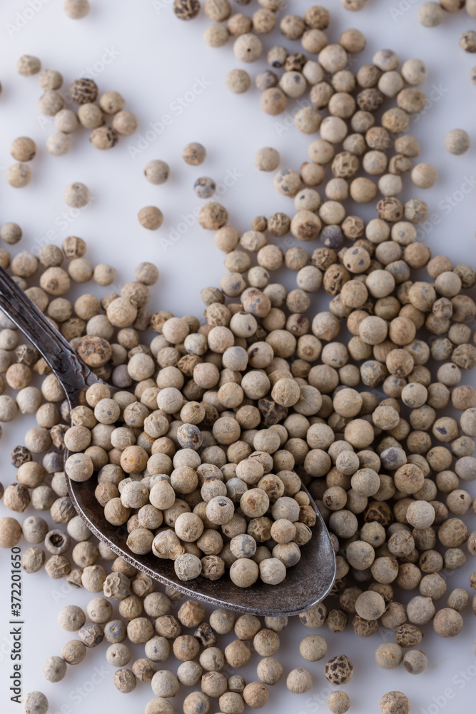 white peppercorns in spoon on white background white peppercorns in spoon on white background