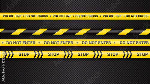 Police tape, crime danger line. Caution police lines isolated. Warning tapes. Set of yellow warning ribbons. Vector illustration on white background. Do not enter.