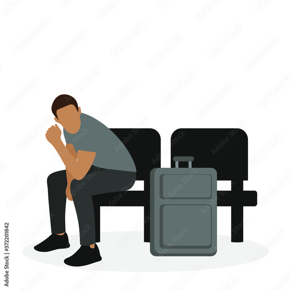 Male character with a suitcase sitting in a chair on a white background Male character with a suitcase sitting in a chair on a white background