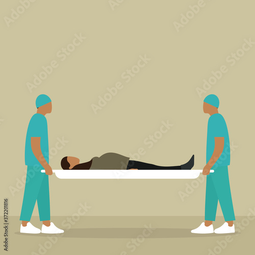 Two male orderlies are holding a stretcher with a pregnant female character