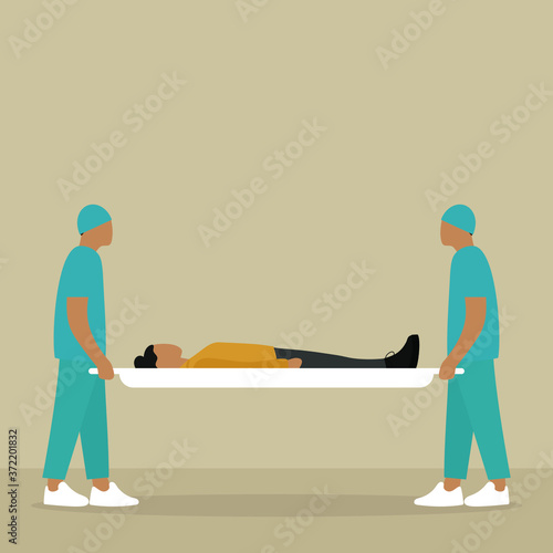 Two male orderlies are holding a stretcher with a female character