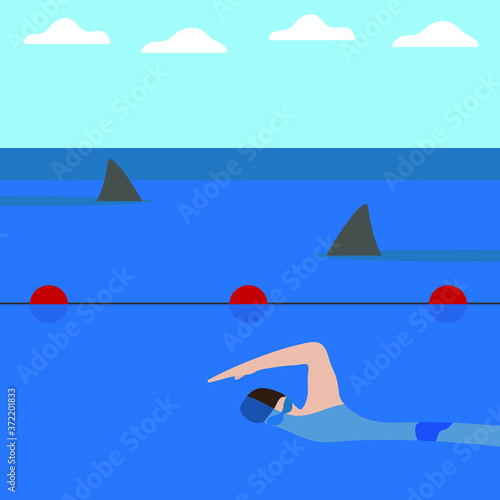 
A male character is swimming in the water, and shark fins are visible behind the buoys