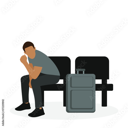 Male character with a suitcase sitting in a chair on a white background