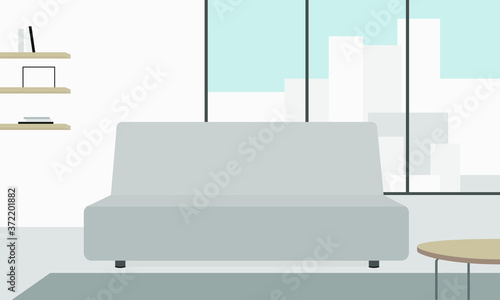 Room with a sofa, a panoramic window, shelves and a coffee table
