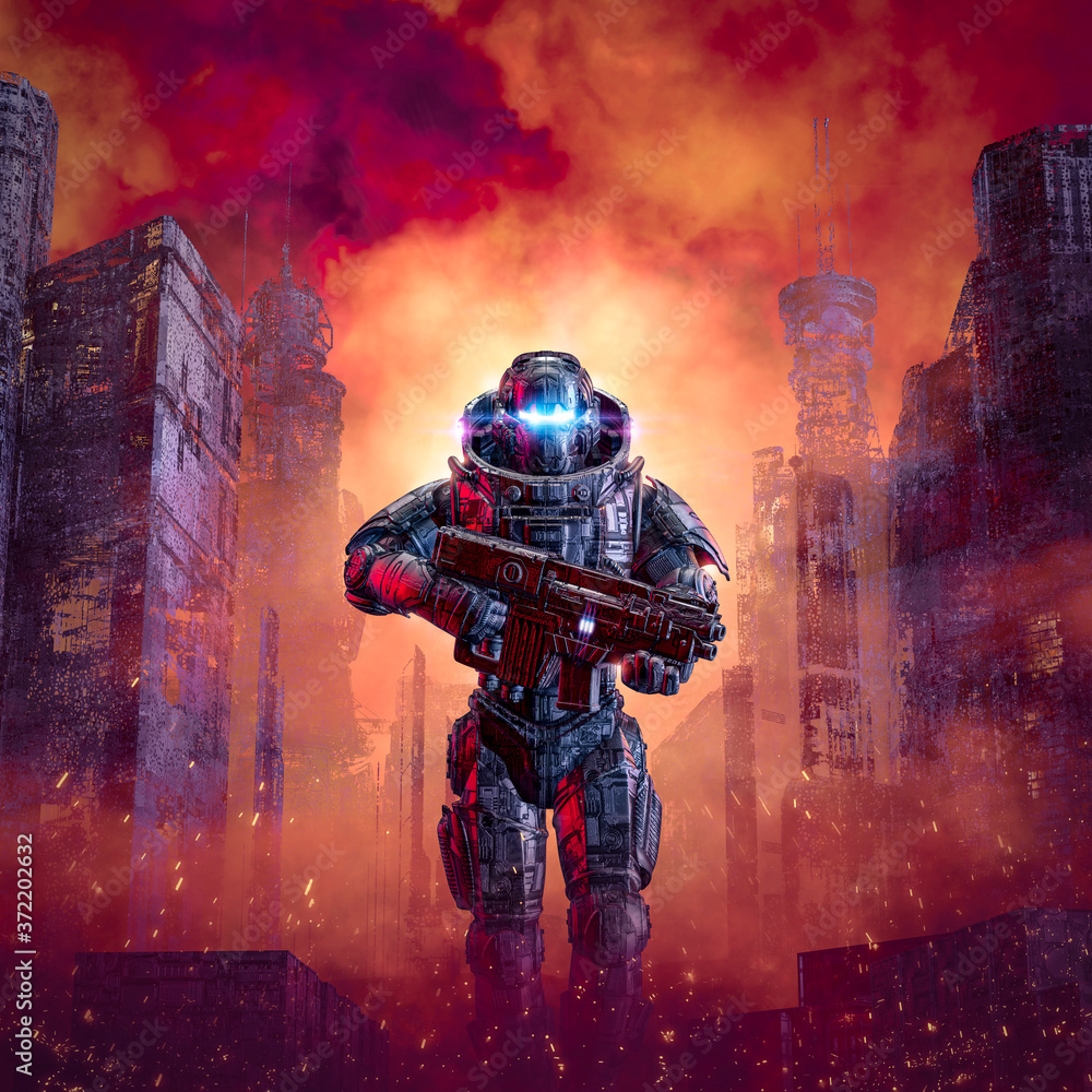 Cyberpunk soldier city warfare / 3D illustration of science fiction  military robot warrior patrolling war torn dystopian streets Illustration  Stock | Adobe Stock