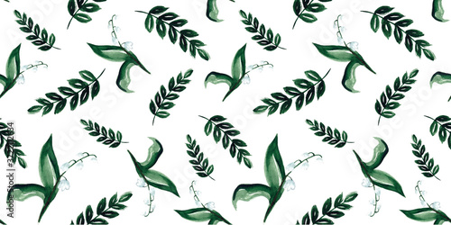 Watercolor seamless pattern with green leaves and lilies of the valley in vintage style for fabrics, paper, textile, gift wrap isolated on white background