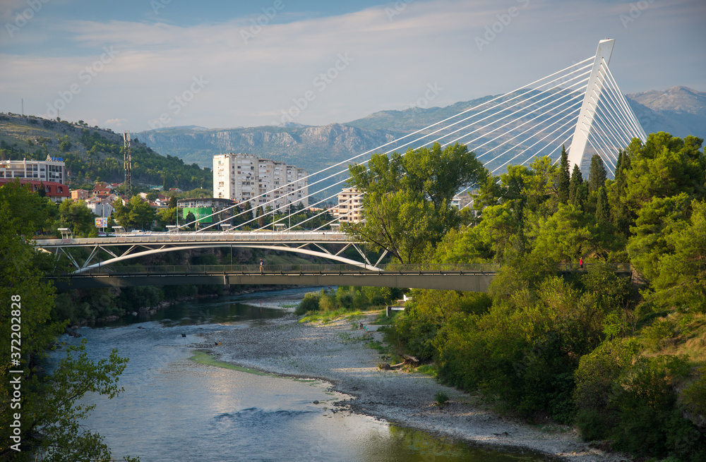 View of Millennium Bridge,crossing the Moraca river,Podgorica,Montenegro,Eastern Europe.