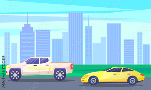 Cityscape with modern architecture and contemporary skyscrapers. Highway with cars. Vehicles riding along skyline of big city or town Urban landscape with road and transport. Vector in flat style © robu_s