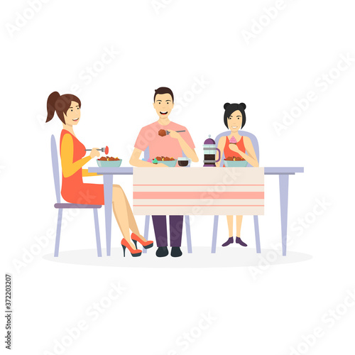 Cartoon Characters Family at Dining Table. Vector