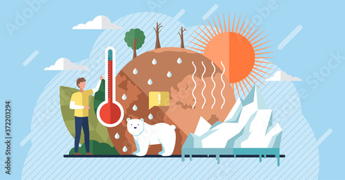 Global warming illustration, environment pollution, global warming heating impact concept. Change climate concept. Vector with tiny people and floral elements. World Environment Day, sun ecology