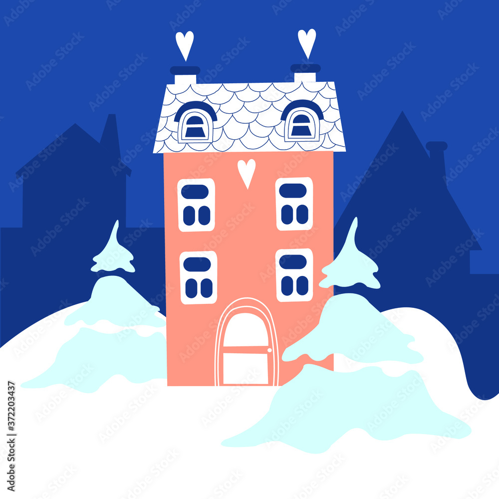 Happy new year and merry Christmas winter old town street and vintage house. Christmas night town city panorama. Vector illustration in flat style