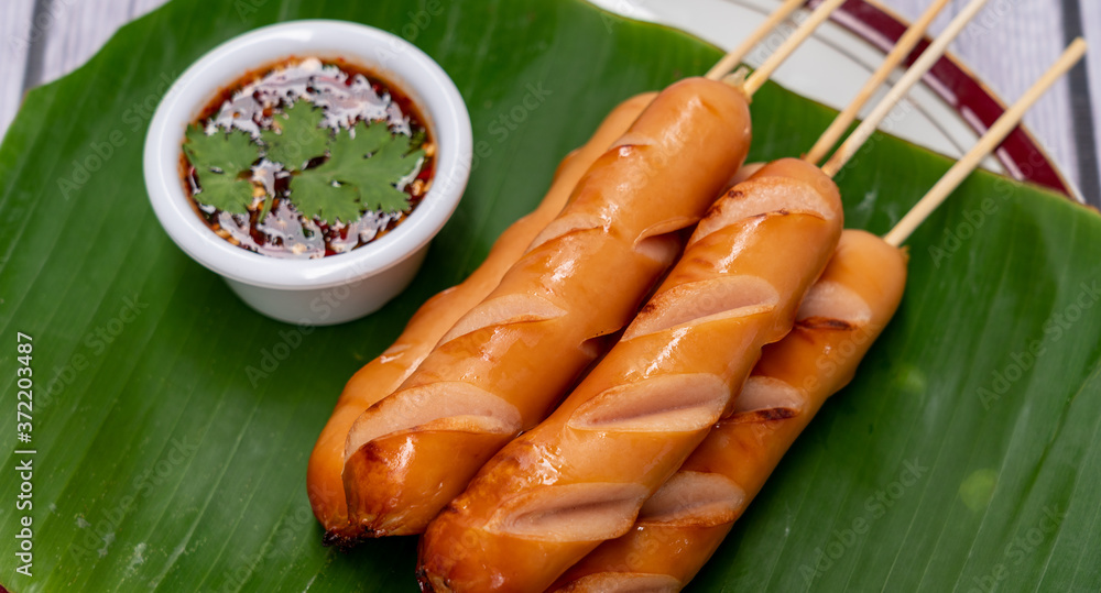 Grilled Food, Sausages, Meat Balls, Crab Sticks Grilled Food, Sausages, Meat Balls, Crab Sticks