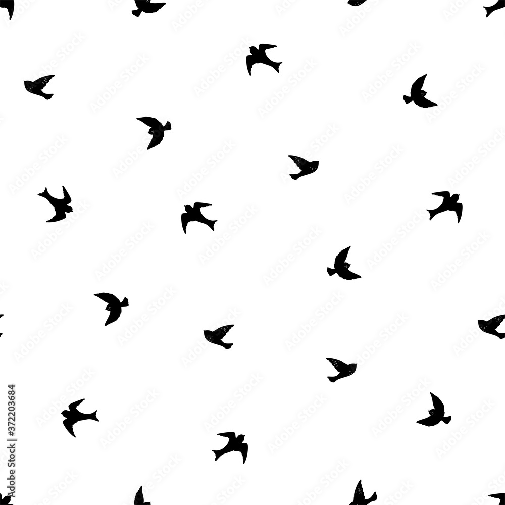 Flying birds, hand drawn seamless pattern on white background. Minimalistic vector illustration.