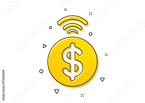 Dollar exchange sign. Contactless payment icon. Finance symbol. Yellow circles pattern. Classic contactless payment icon. Geometric elements. Vector