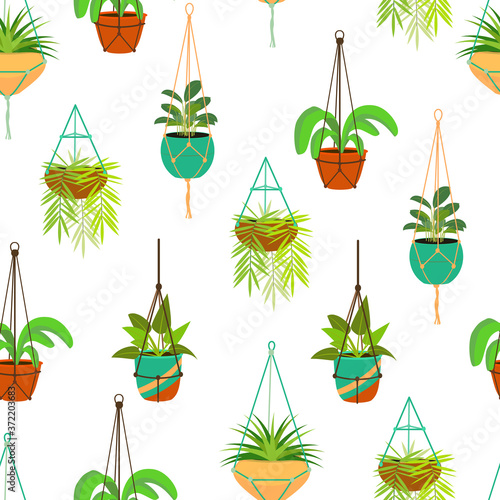 Cartoon Color Macrame Hangers for Home Plants Seamless Pattern Background. Vector